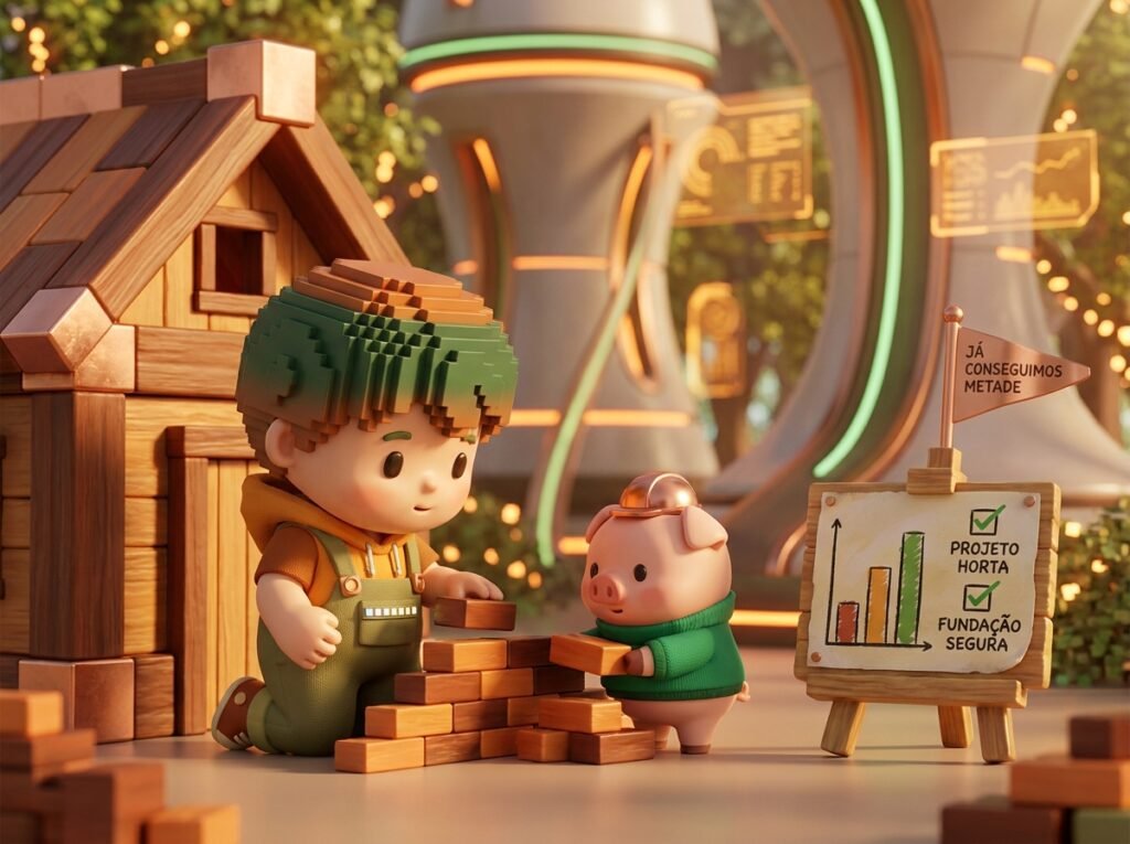 Os Três Porquinhos e a mesada: por que a casa de tijolo sempre vence 1 Child and piglet stacking bricks 202609071556
