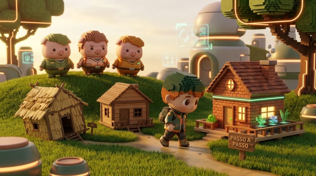 Os Três Porquinhos e a mesada: por que a casa de tijolo sempre vence 5 Child inspecting miniature houses 202609071555