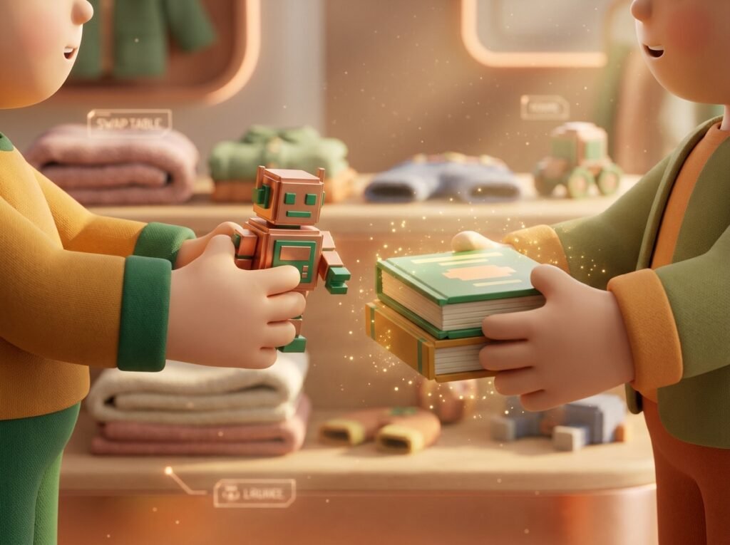 Children exchanging voxel toy robot 202609061247
