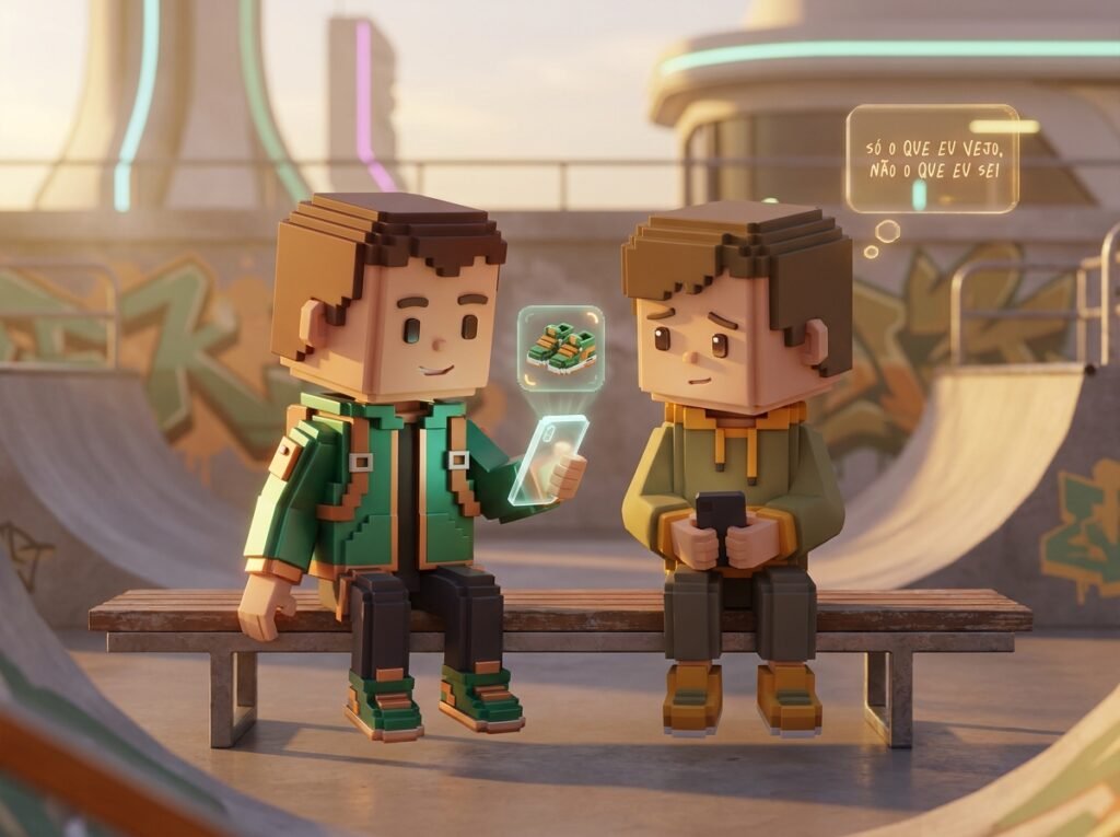 Aquela sensação de "todo mundo tem, menos eu" (e por que ela mente pra você) 1 Teen characters sitting on bench 20260915155128